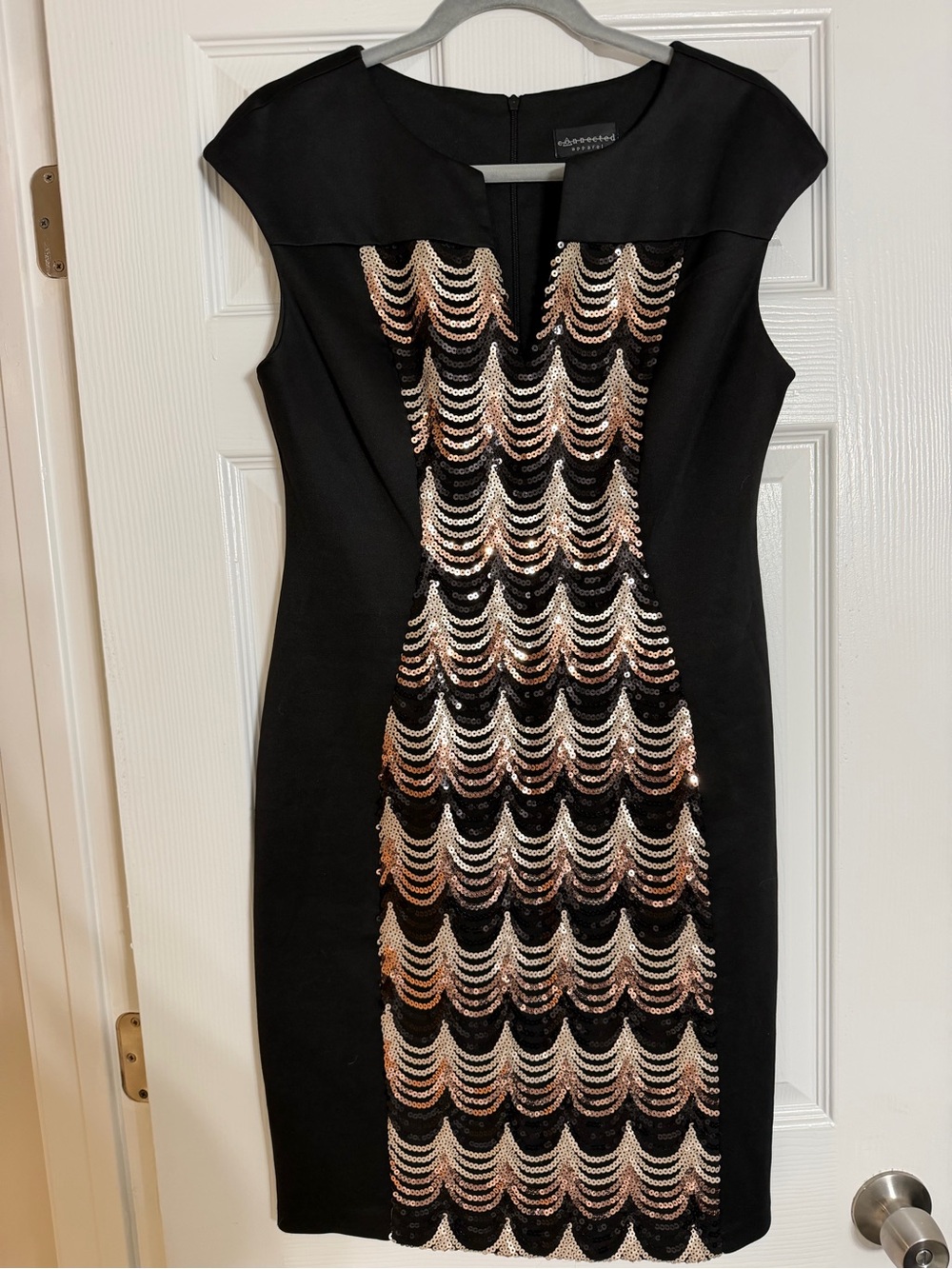 connected apparel Black Midi Dress with Rose Gold Sequin Panel